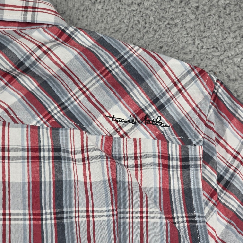 TravisMathew Button Down Shirt Mens Large Red Gray Plaid Short Sleeve Golf - Picture 11 of 12